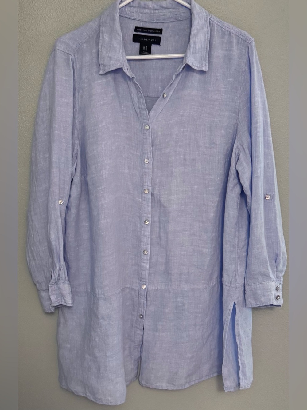 Tahari Light Blue 100% Linen Button-Down Tunic Shirt with Roll Tab Sleeves